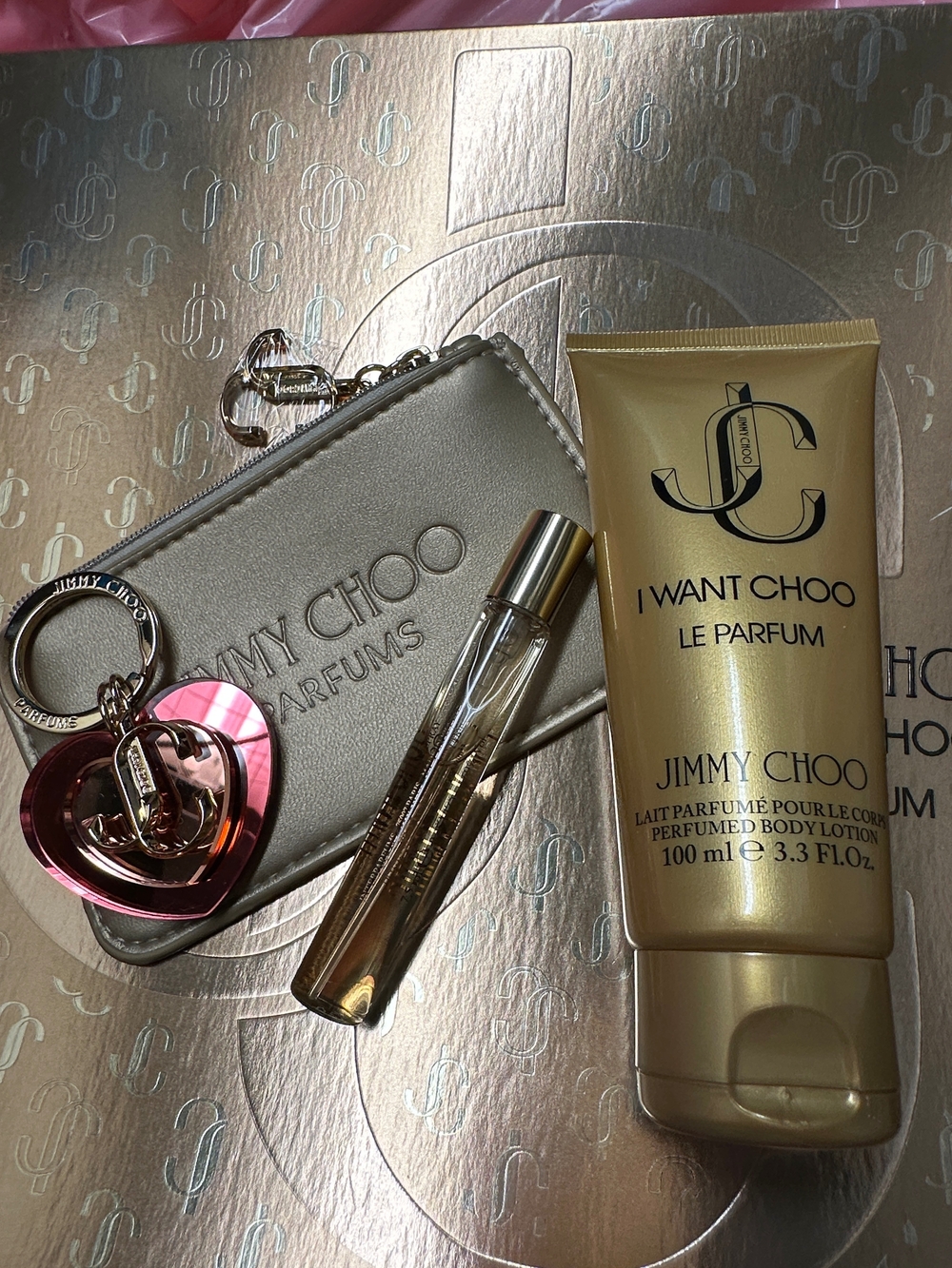 Jimmy Choo Gold Card Holder with Pink Heart Key Charm